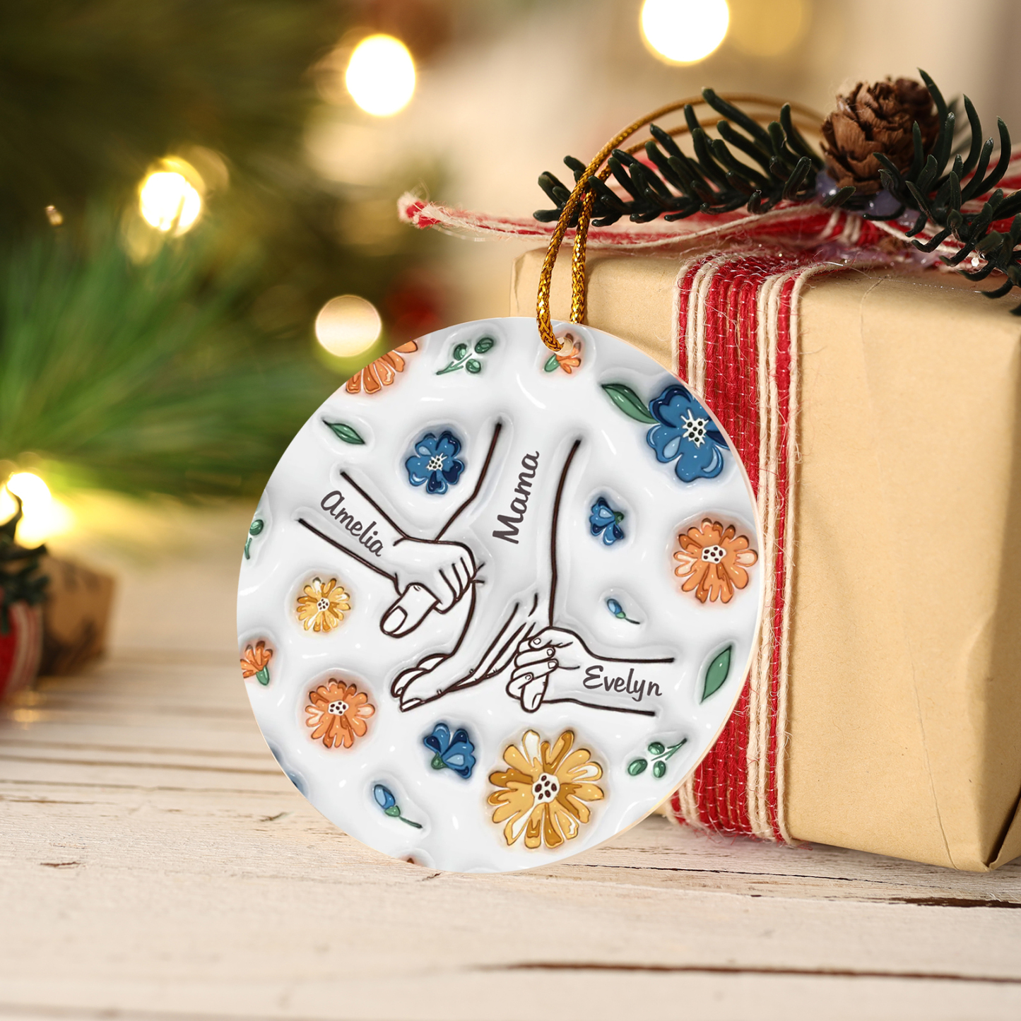 Personalisierte 3 Namen Hand-in-Hand runder Acryl Schlüsselanhänger Weihnachtsornament für Mutter Familie