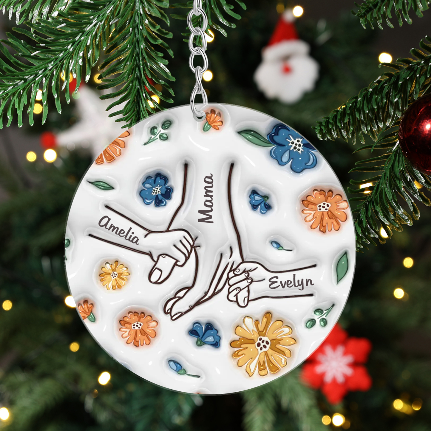 Personalisierte 3 Namen Hand-in-Hand runder Acryl Schlüsselanhänger Weihnachtsornament für Mutter Familie