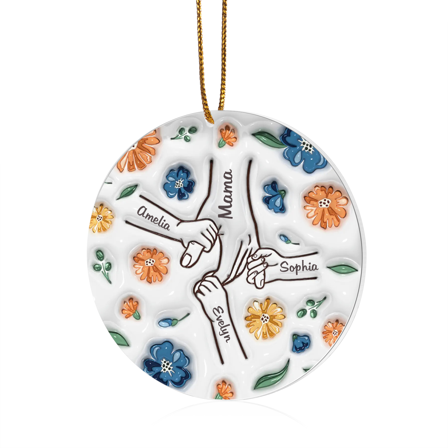 Personalisierte 4 Namen Hand-in-Hand runder Acryl Schlüsselanhänger Weihnachtsornament für Mutter Familie