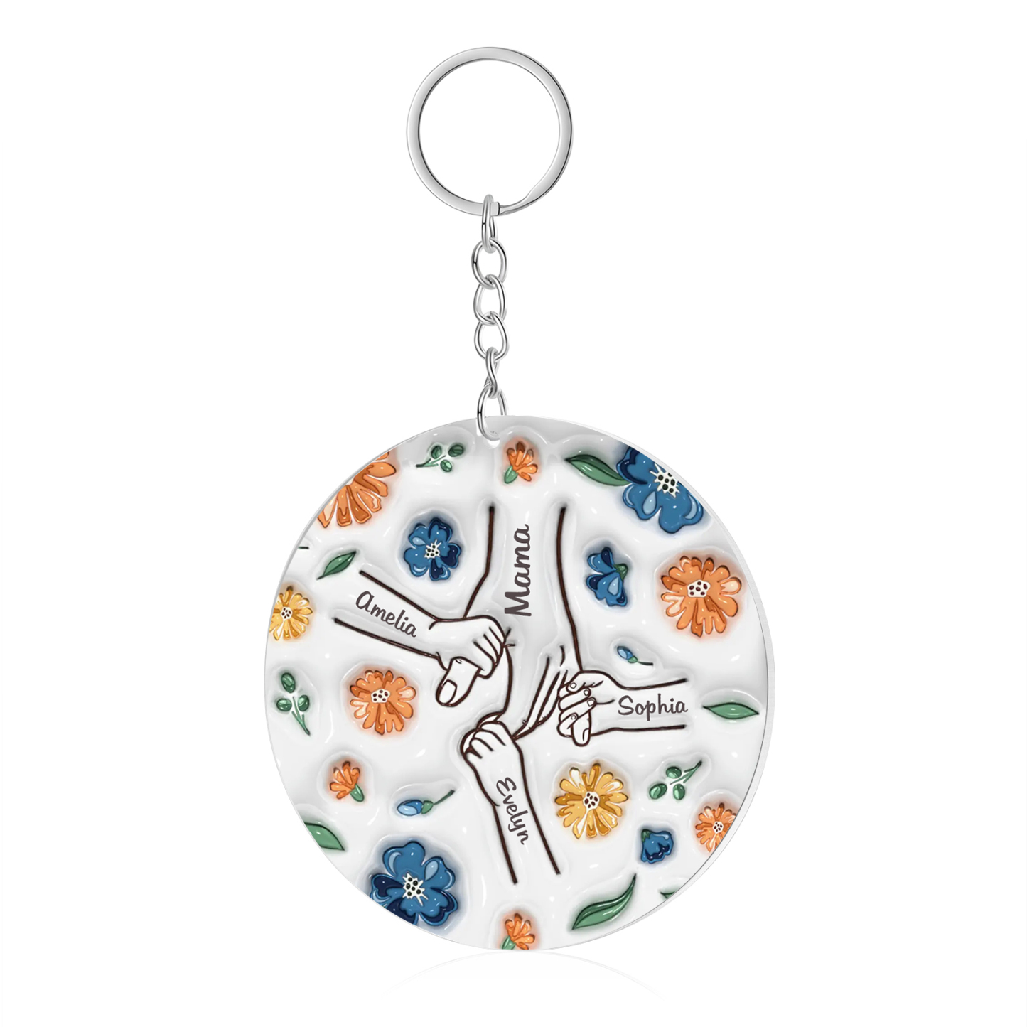 Personalisierte 4 Namen Hand-in-Hand runder Acryl Schlüsselanhänger Weihnachtsornament für Mutter Familie