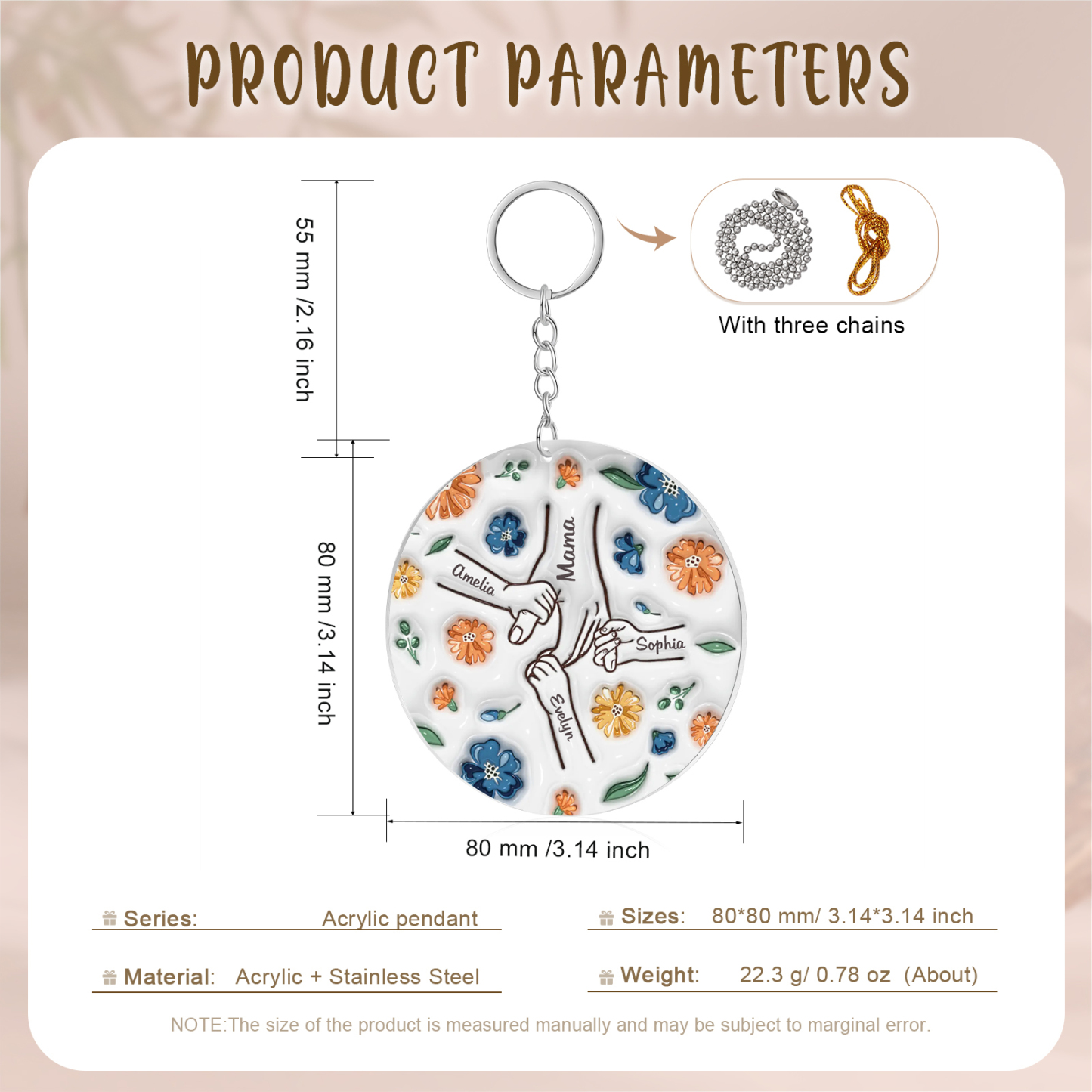 Personalisierte 4 Namen Hand-in-Hand runder Acryl Schlüsselanhänger Weihnachtsornament für Mutter Familie