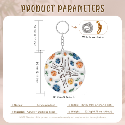 Personalisierte 4 Namen Hand-in-Hand runder Acryl Schlüsselanhänger Weihnachtsornament für Mutter Familie