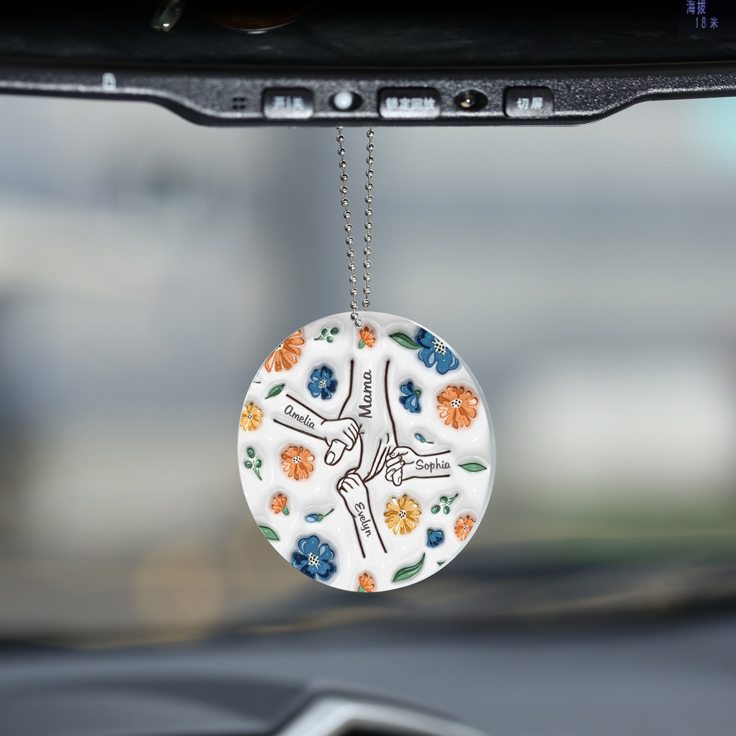 Personalisierte 4 Namen Hand-in-Hand runder Acryl Schlüsselanhänger Weihnachtsornament für Mutter Familie