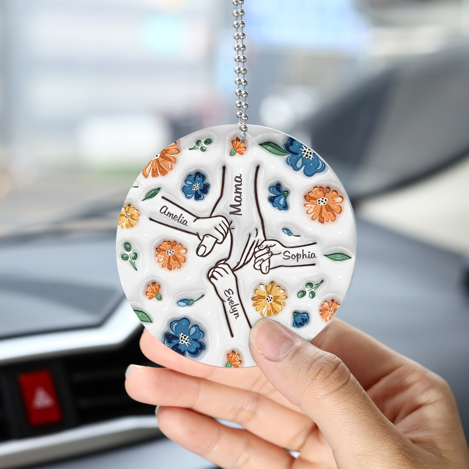 Personalisierte 4 Namen Hand-in-Hand runder Acryl Schlüsselanhänger Weihnachtsornament für Mutter Familie