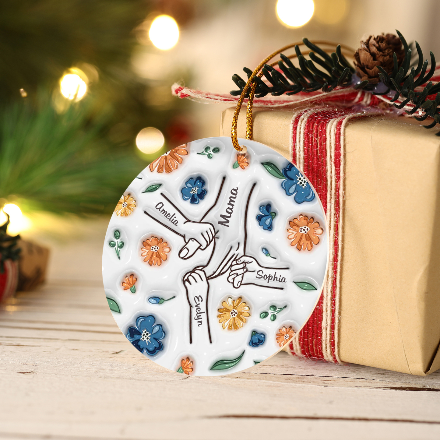 Personalisierte 4 Namen Hand-in-Hand runder Acryl Schlüsselanhänger Weihnachtsornament für Mutter Familie