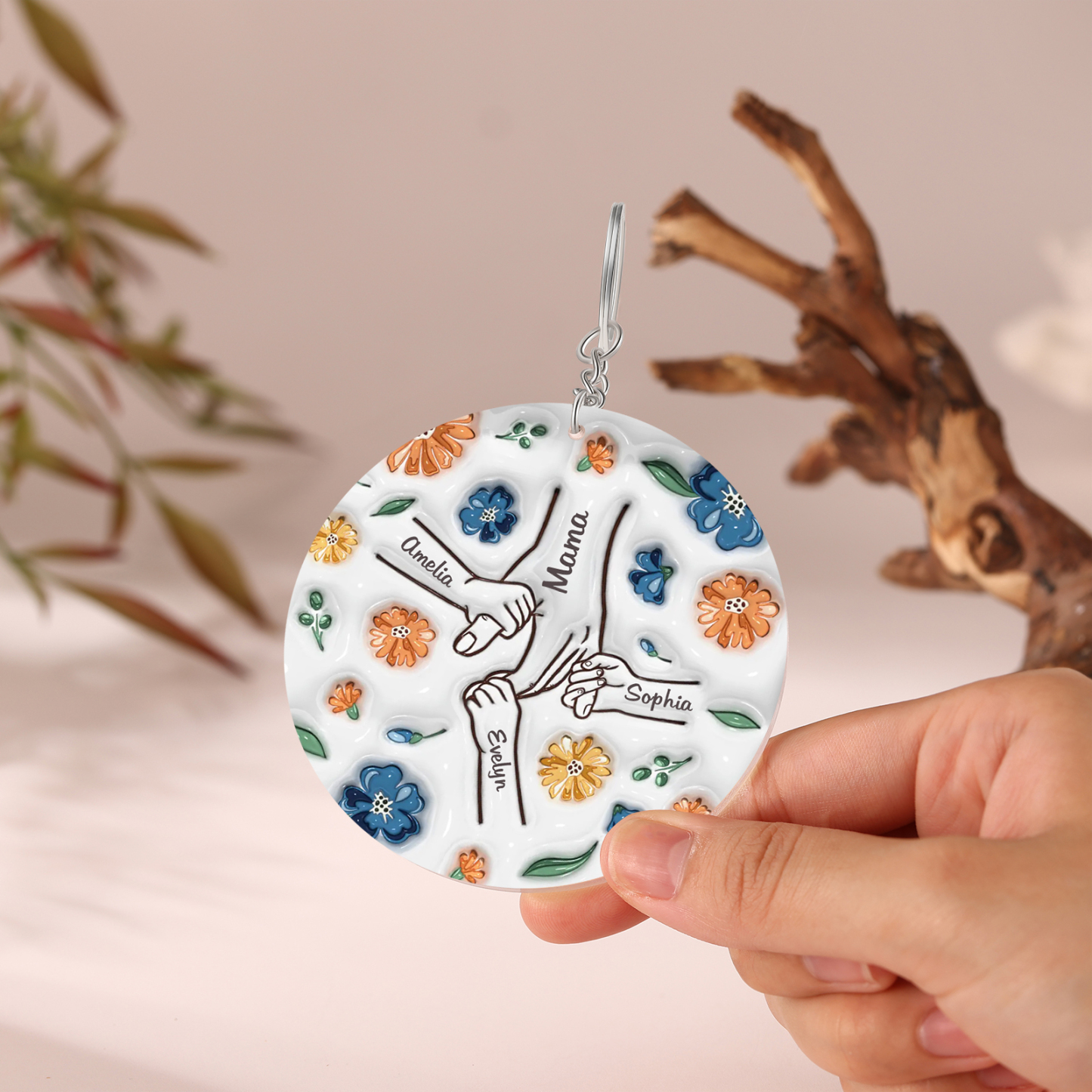 Personalisierte 4 Namen Hand-in-Hand runder Acryl Schlüsselanhänger Weihnachtsornament für Mutter Familie
