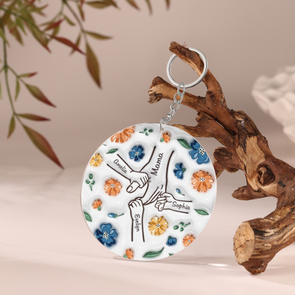 Personalisierte 4 Namen Hand-in-Hand runder Acryl Schlüsselanhänger Weihnachtsornament für Mutter Familie