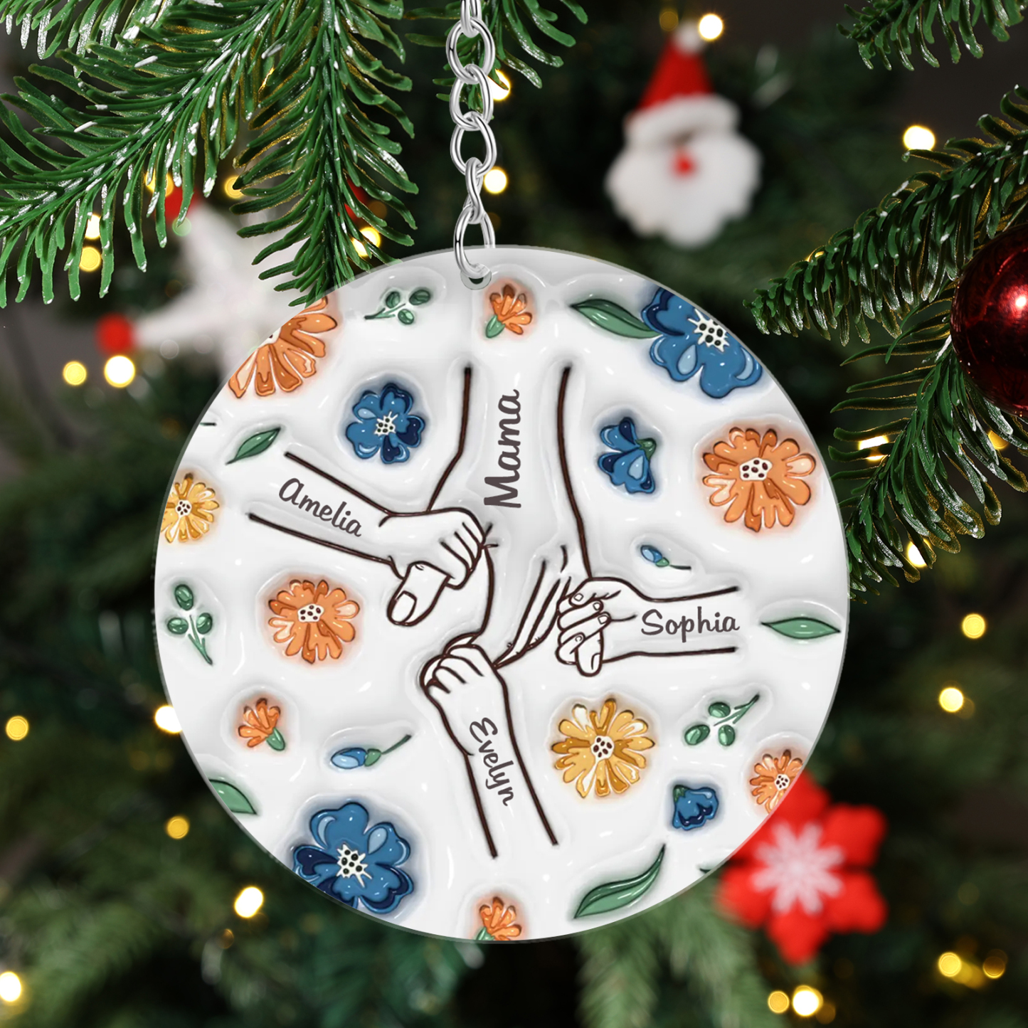 Personalisierte 4 Namen Hand-in-Hand runder Acryl Schlüsselanhänger Weihnachtsornament für Mutter Familie