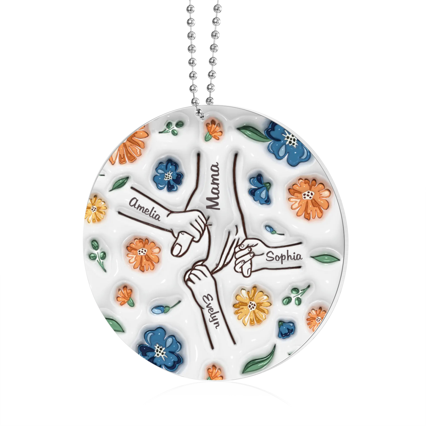 Personalisierte 4 Namen Hand-in-Hand runder Acryl Schlüsselanhänger Weihnachtsornament für Mutter Familie