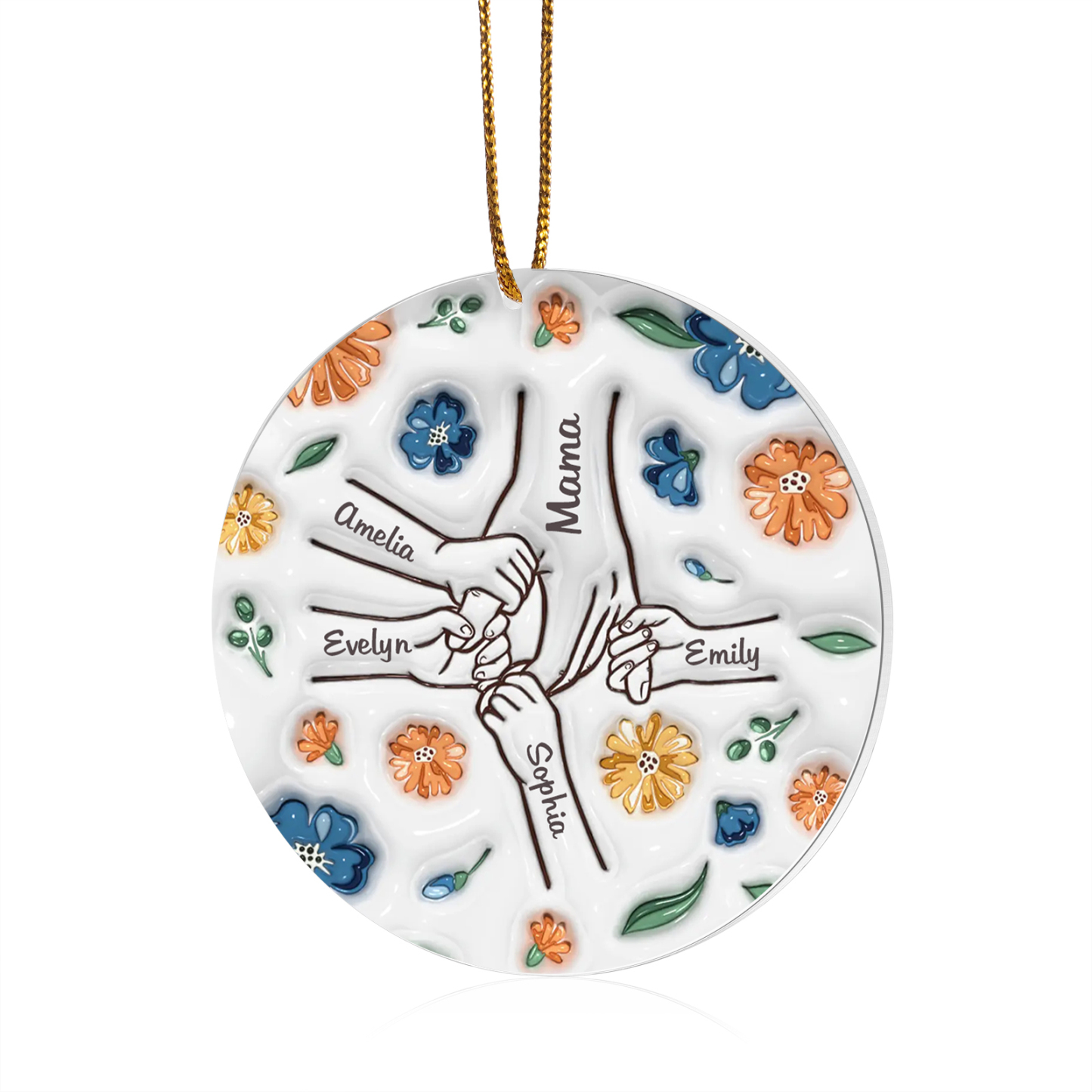 Personalisierte 5 Namen Hand-in-Hand runder Acryl Schlüsselanhänger Weihnachtsornament für Mutter Familie