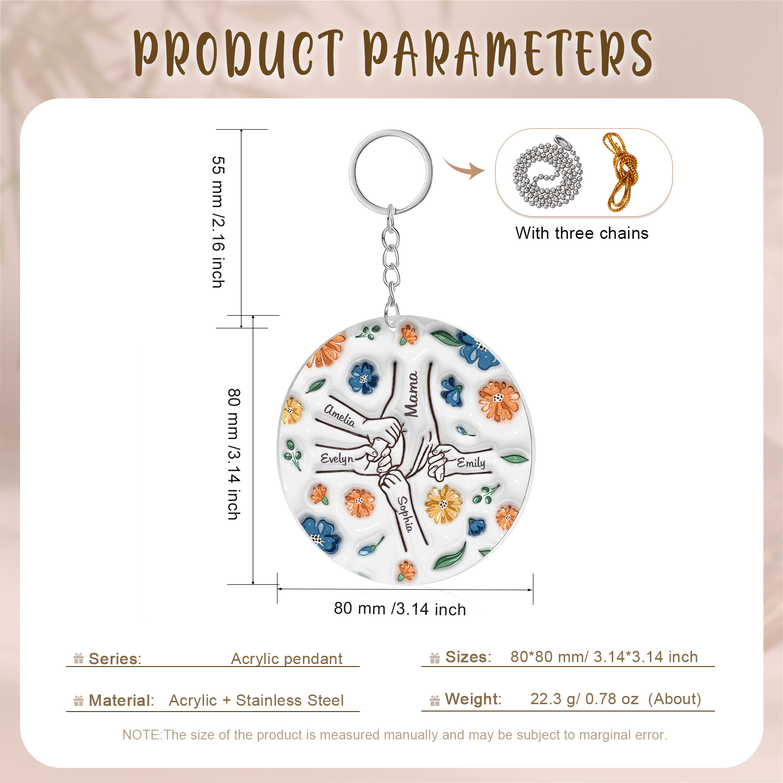 Personalisierte 5 Namen Hand-in-Hand runder Acryl Schlüsselanhänger Weihnachtsornament für Mutter Familie