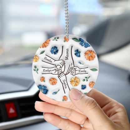 Personalisierte 5 Namen Hand-in-Hand runder Acryl Schlüsselanhänger Weihnachtsornament für Mutter Familie