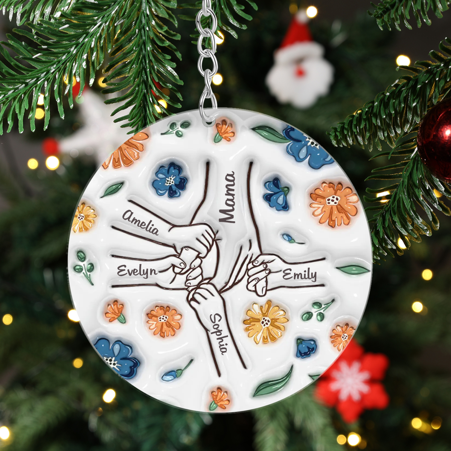 Personalisierte 5 Namen Hand-in-Hand runder Acryl Schlüsselanhänger Weihnachtsornament für Mutter Familie