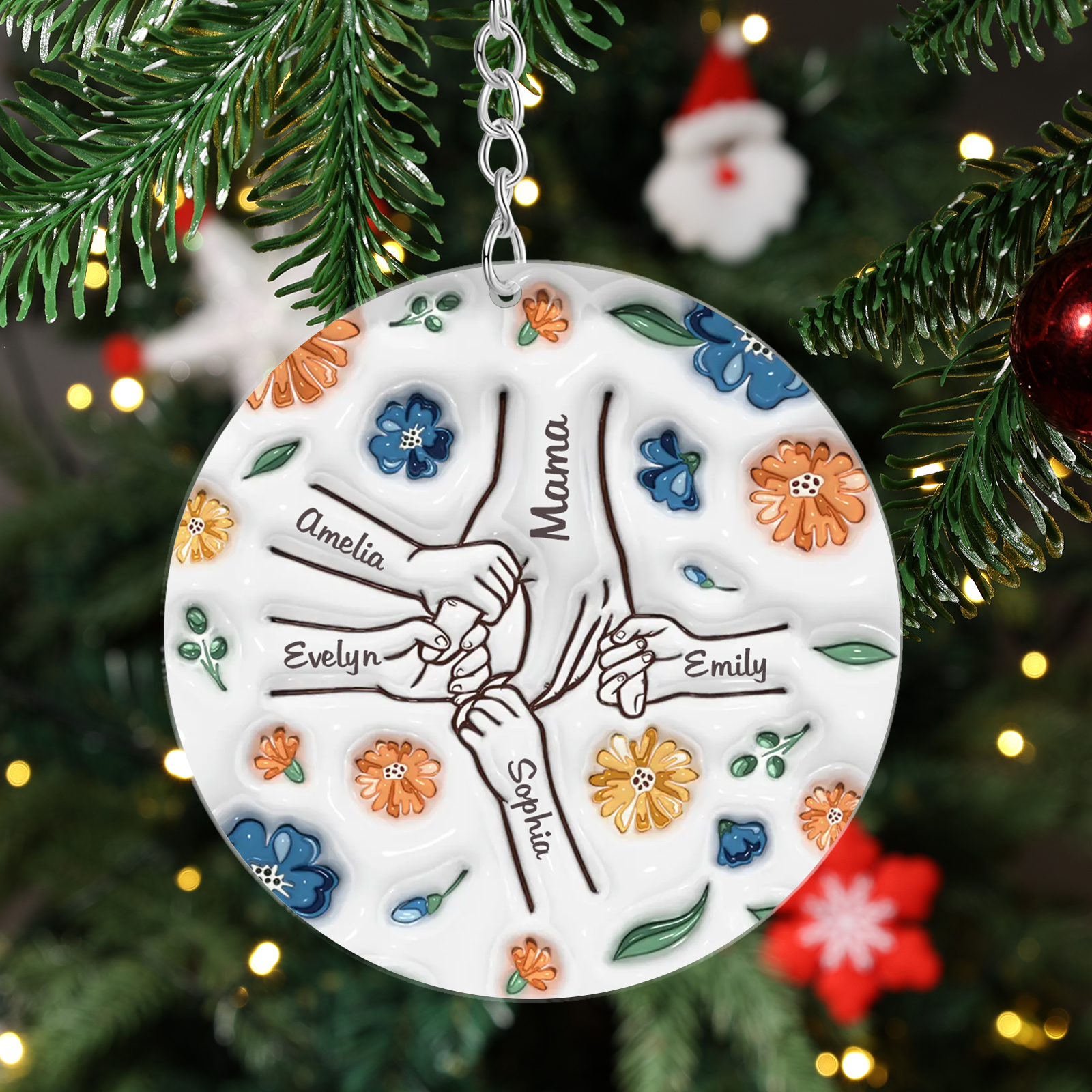 Personalisierte 5 Namen Hand-in-Hand runder Acryl Schlüsselanhänger Weihnachtsornament für Mutter Familie
