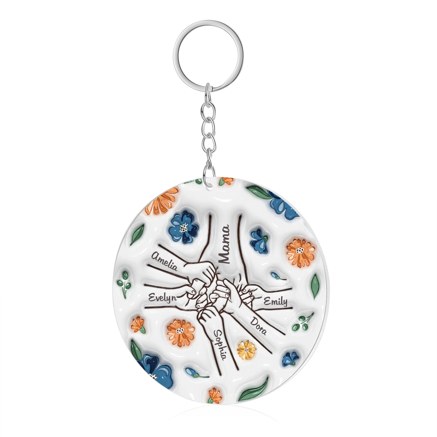 Personalisierte 6 Namen Hand-in-Hand runder Acryl Schlüsselanhänger Weihnachtsornament für Mutter Familie