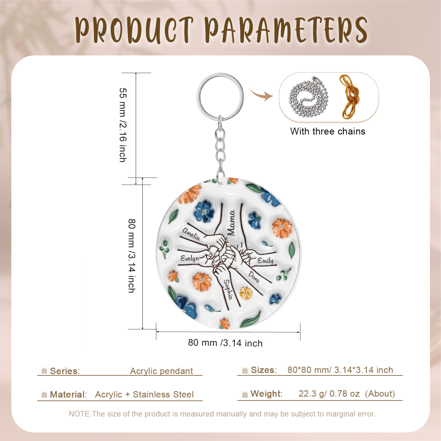 Personalisierte 6 Namen Hand-in-Hand runder Acryl Schlüsselanhänger Weihnachtsornament für Mutter Familie