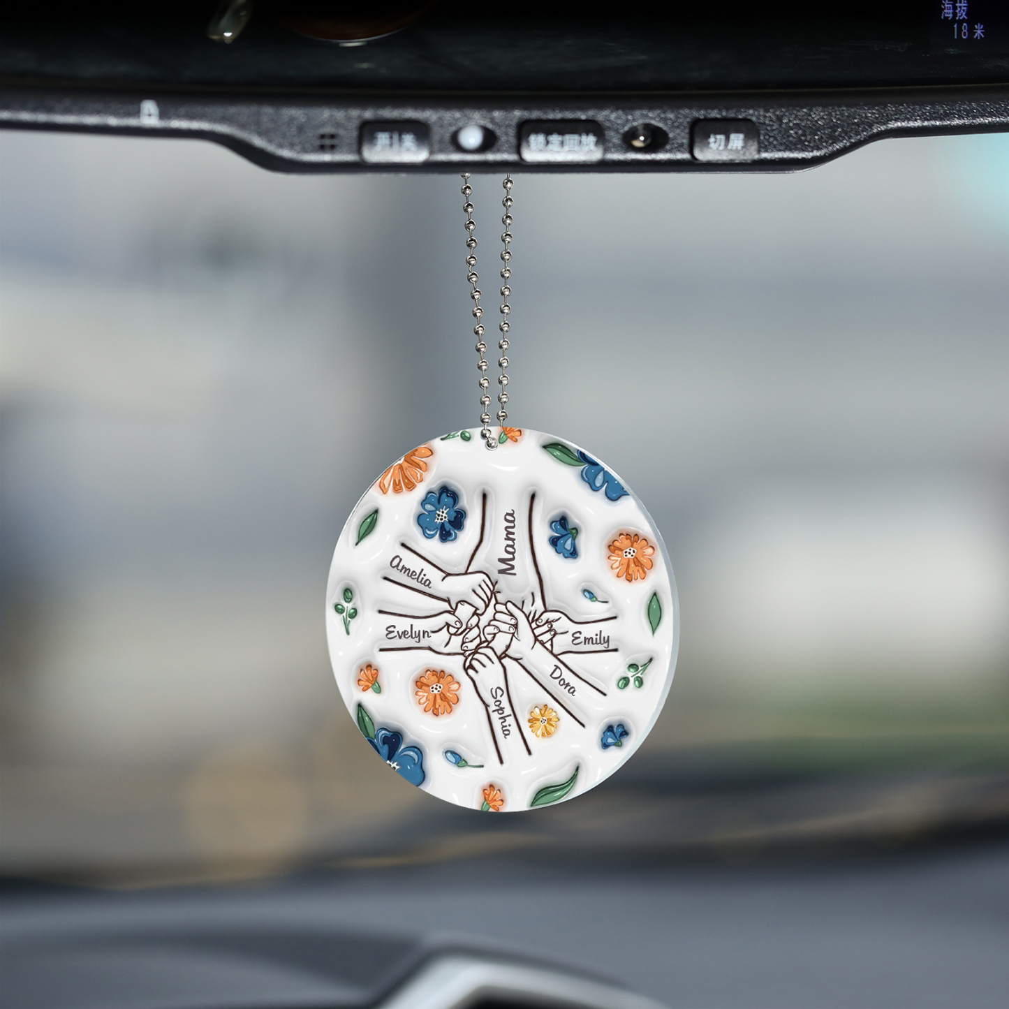 Personalisierte 6 Namen Hand-in-Hand runder Acryl Schlüsselanhänger Weihnachtsornament für Mutter Familie