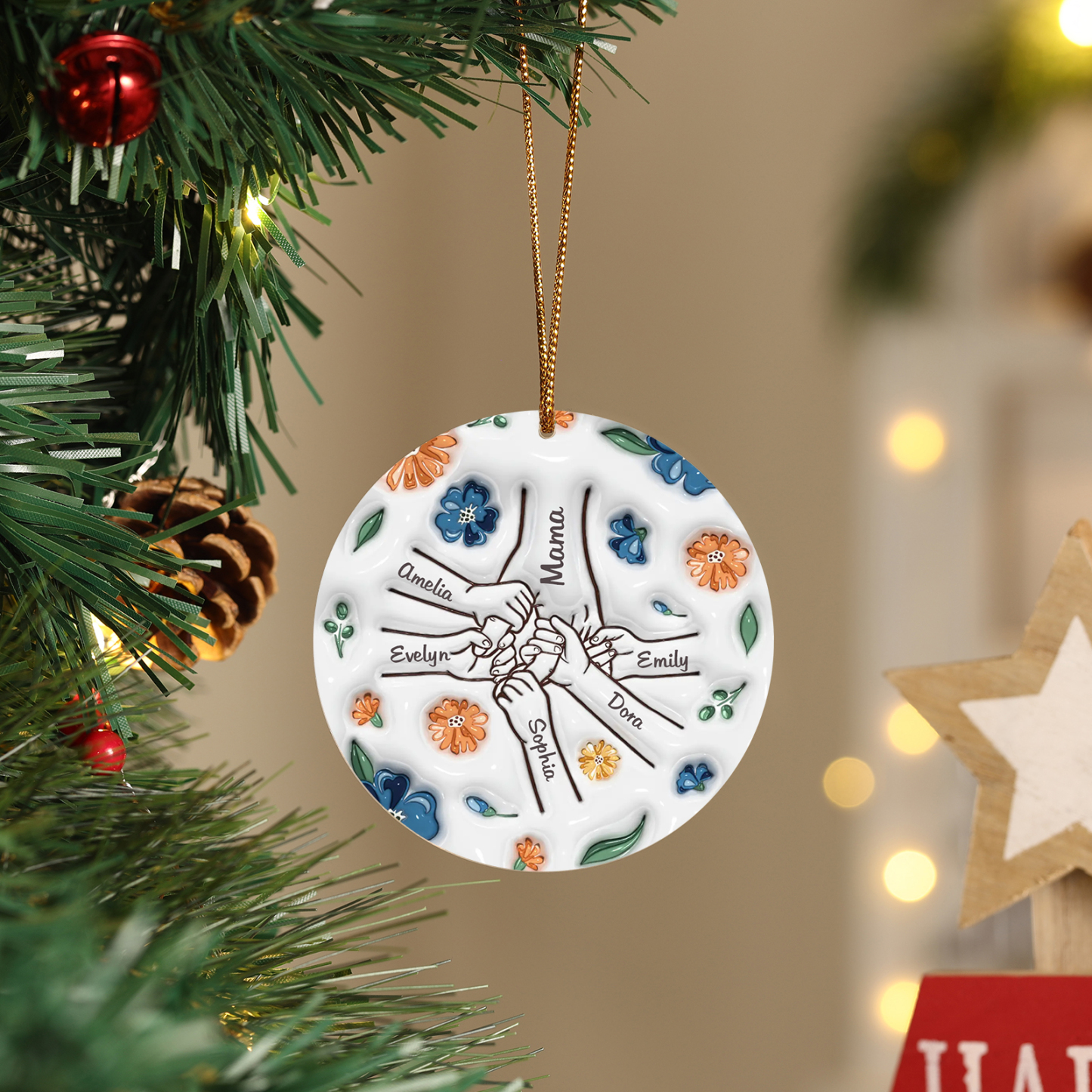 Personalisierte 6 Namen Hand-in-Hand runder Acryl Schlüsselanhänger Weihnachtsornament für Mutter Familie