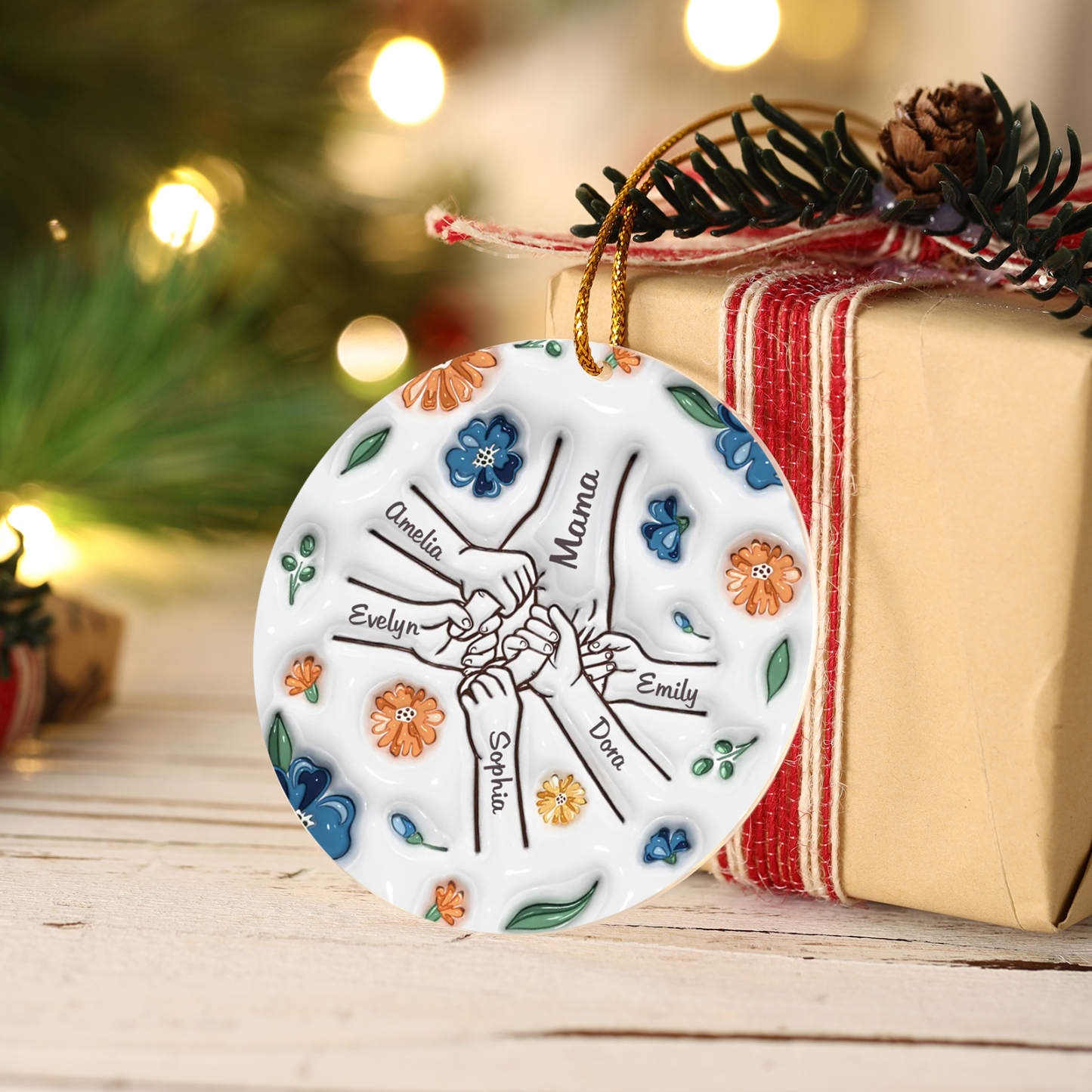 Personalisierte 6 Namen Hand-in-Hand runder Acryl Schlüsselanhänger Weihnachtsornament für Mutter Familie