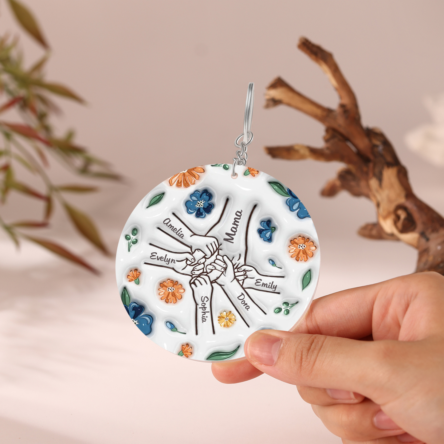 Personalisierte 6 Namen Hand-in-Hand runder Acryl Schlüsselanhänger Weihnachtsornament für Mutter Familie