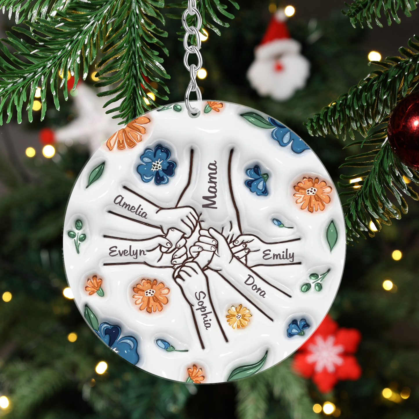 Personalisierte 6 Namen Hand-in-Hand runder Acryl Schlüsselanhänger Weihnachtsornament für Mutter Familie