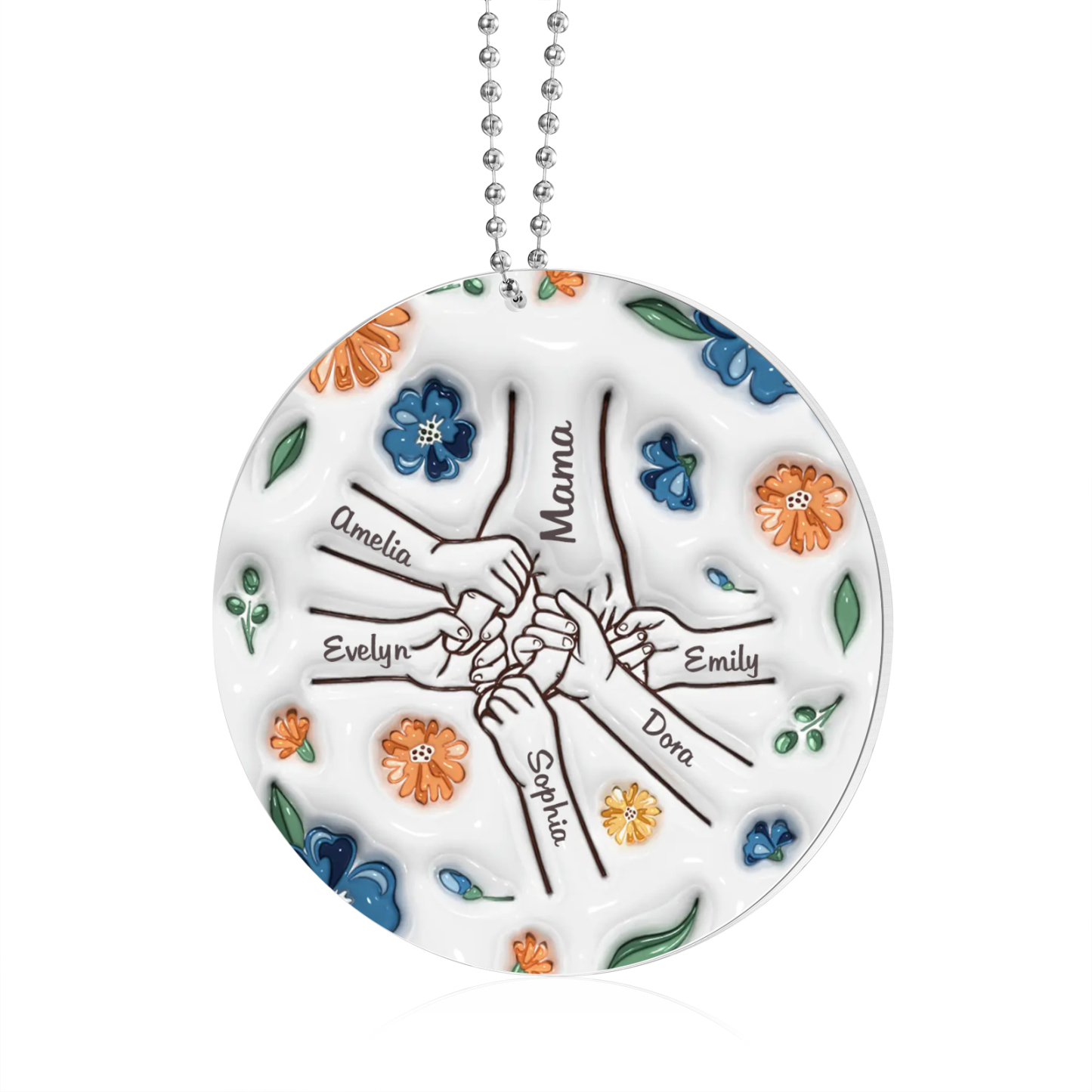 Personalisierte 6 Namen Hand-in-Hand runder Acryl Schlüsselanhänger Weihnachtsornament für Mutter Familie
