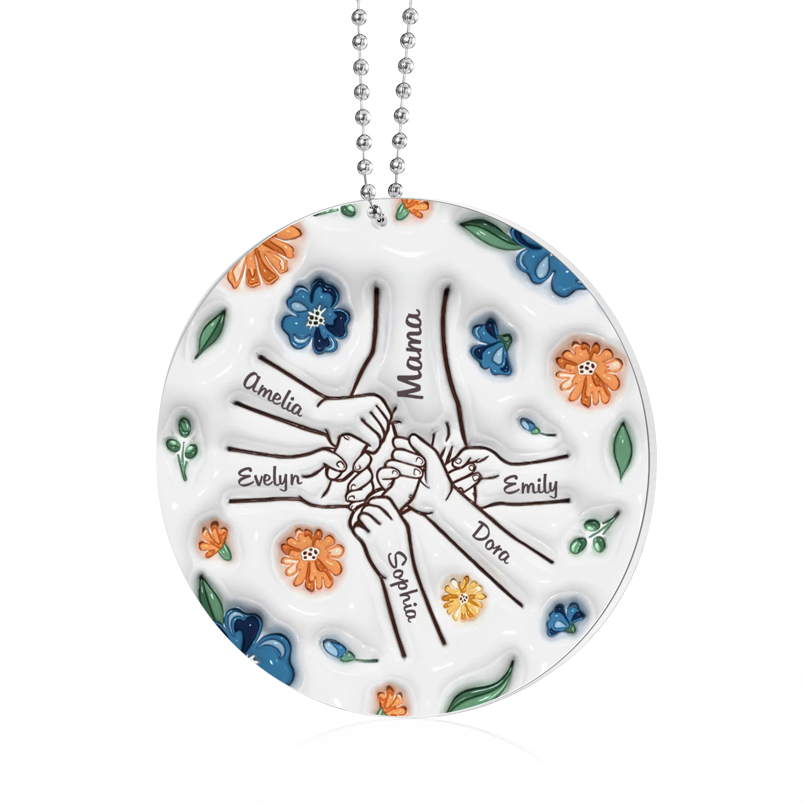Personalisierte 6 Namen Hand-in-Hand runder Acryl Schlüsselanhänger Weihnachtsornament für Mutter Familie