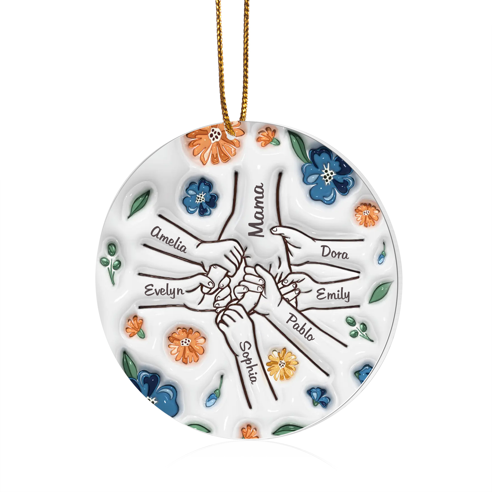 Personalisierte 7 Namen Hand-in-Hand runder Acryl Schlüsselanhänger Weihnachtsornament für Mutter Familie