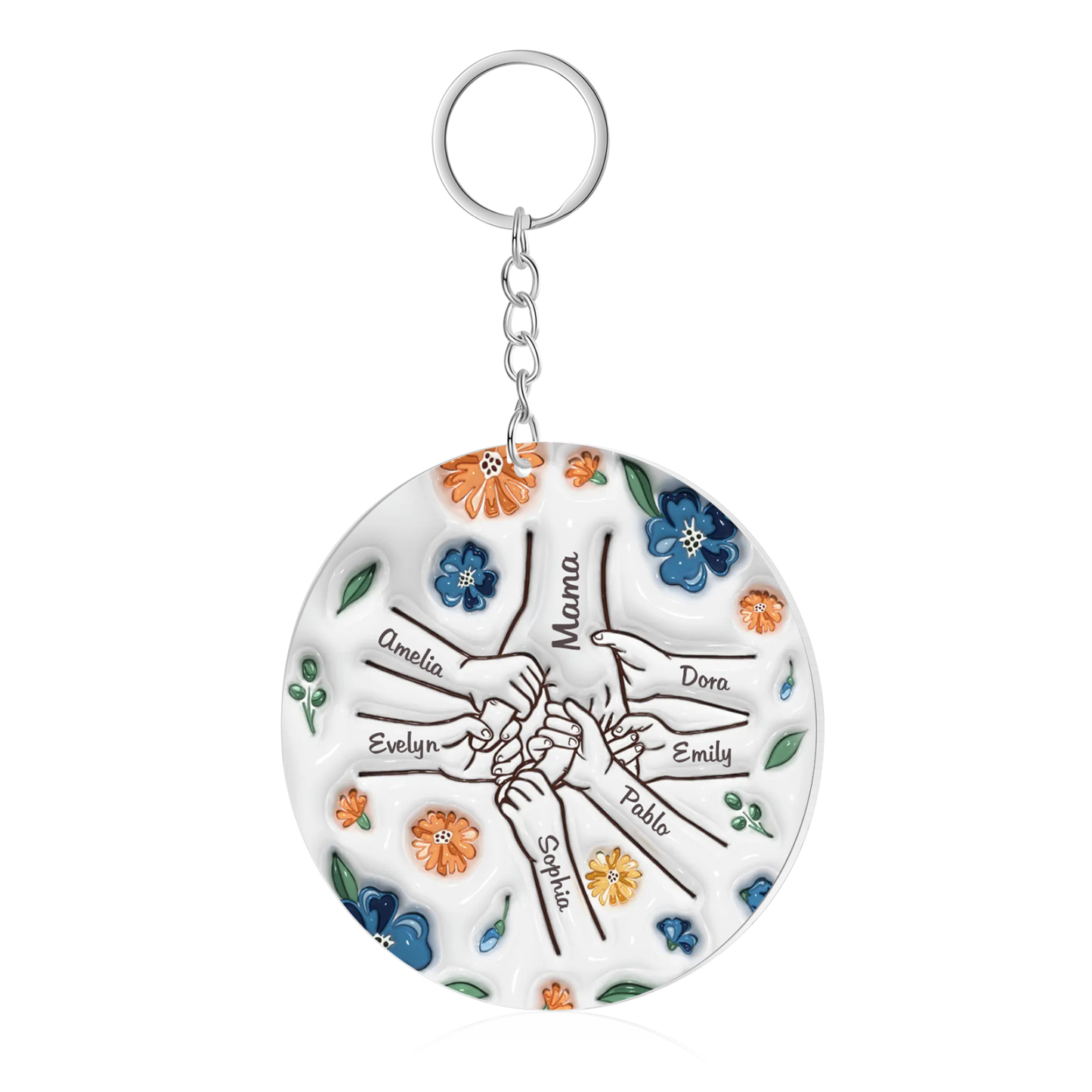 Personalisierte 7 Namen Hand-in-Hand runder Acryl Schlüsselanhänger Weihnachtsornament für Mutter Familie
