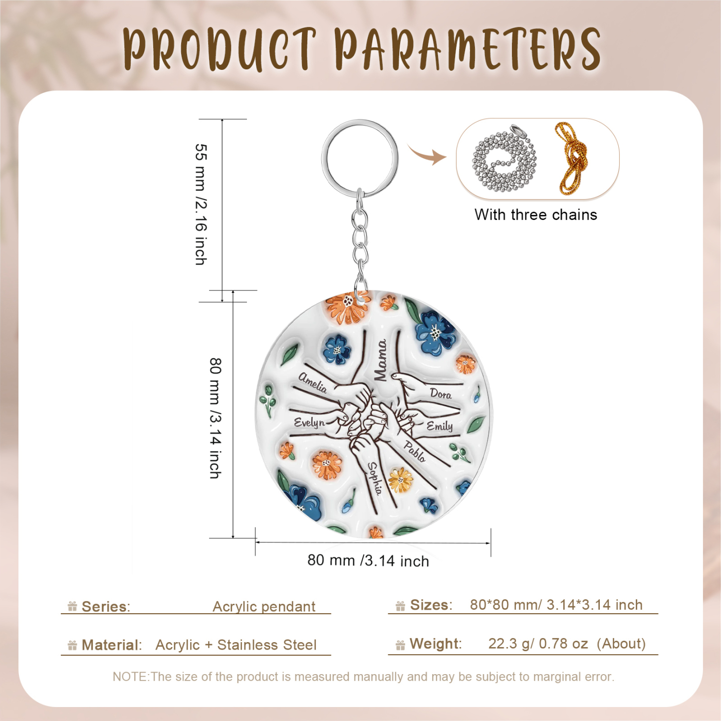 Personalisierte 7 Namen Hand-in-Hand runder Acryl Schlüsselanhänger Weihnachtsornament für Mutter Familie