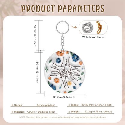 Personalisierte 7 Namen Hand-in-Hand runder Acryl Schlüsselanhänger Weihnachtsornament für Mutter Familie