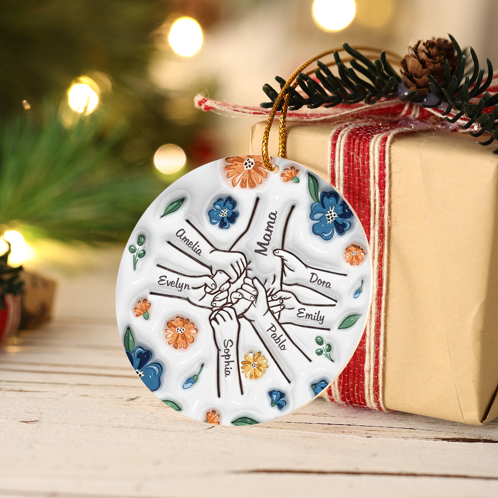 Personalisierte 7 Namen Hand-in-Hand runder Acryl Schlüsselanhänger Weihnachtsornament für Mutter Familie
