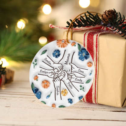 Personalisierte 7 Namen Hand-in-Hand runder Acryl Schlüsselanhänger Weihnachtsornament für Mutter Familie