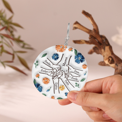 Personalisierte 7 Namen Hand-in-Hand runder Acryl Schlüsselanhänger Weihnachtsornament für Mutter Familie