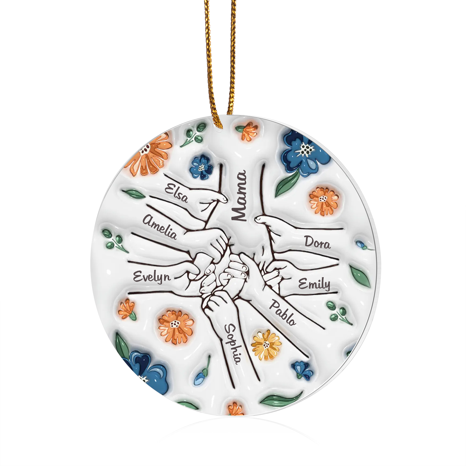 Personalisierte 8 Namen Hand-in-Hand runder Acryl Schlüsselanhänger Weihnachtsornament für Mutter Familie