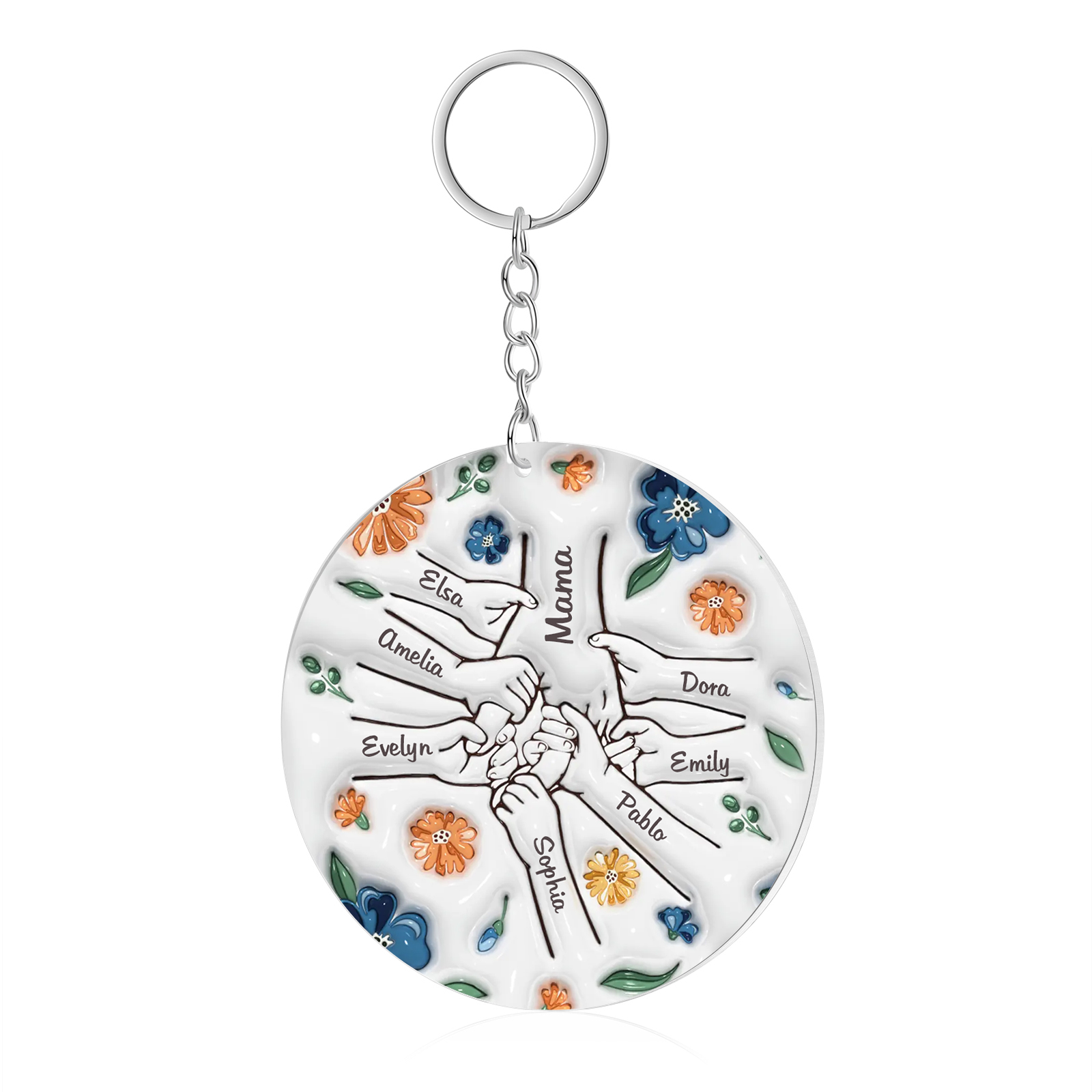 Personalisierte 8 Namen Hand-in-Hand runder Acryl Schlüsselanhänger Weihnachtsornament für Mutter Familie