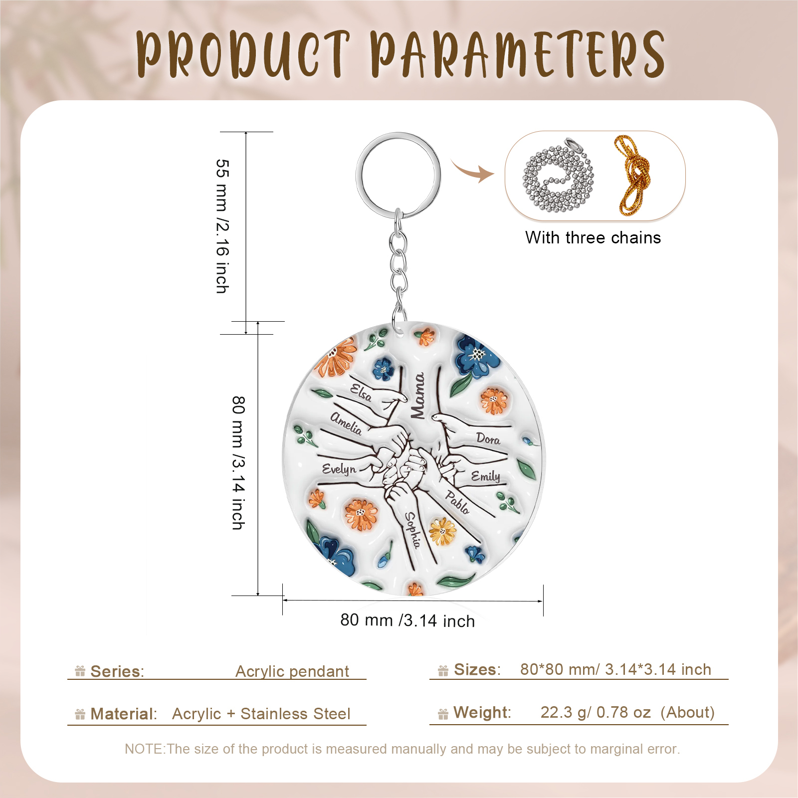 Personalisierte 8 Namen Hand-in-Hand runder Acryl Schlüsselanhänger Weihnachtsornament für Mutter Familie