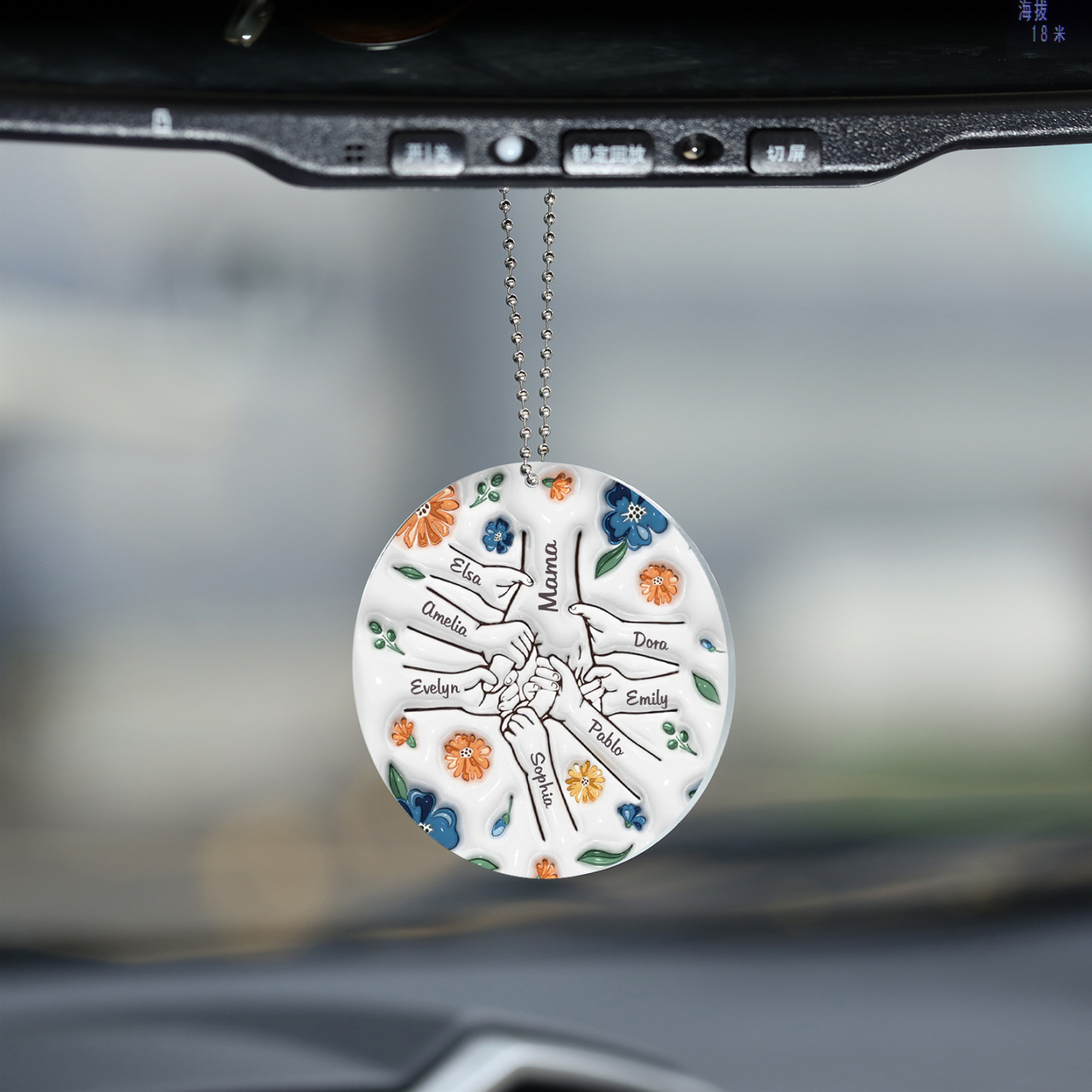 Personalisierte 8 Namen Hand-in-Hand runder Acryl Schlüsselanhänger Weihnachtsornament für Mutter Familie