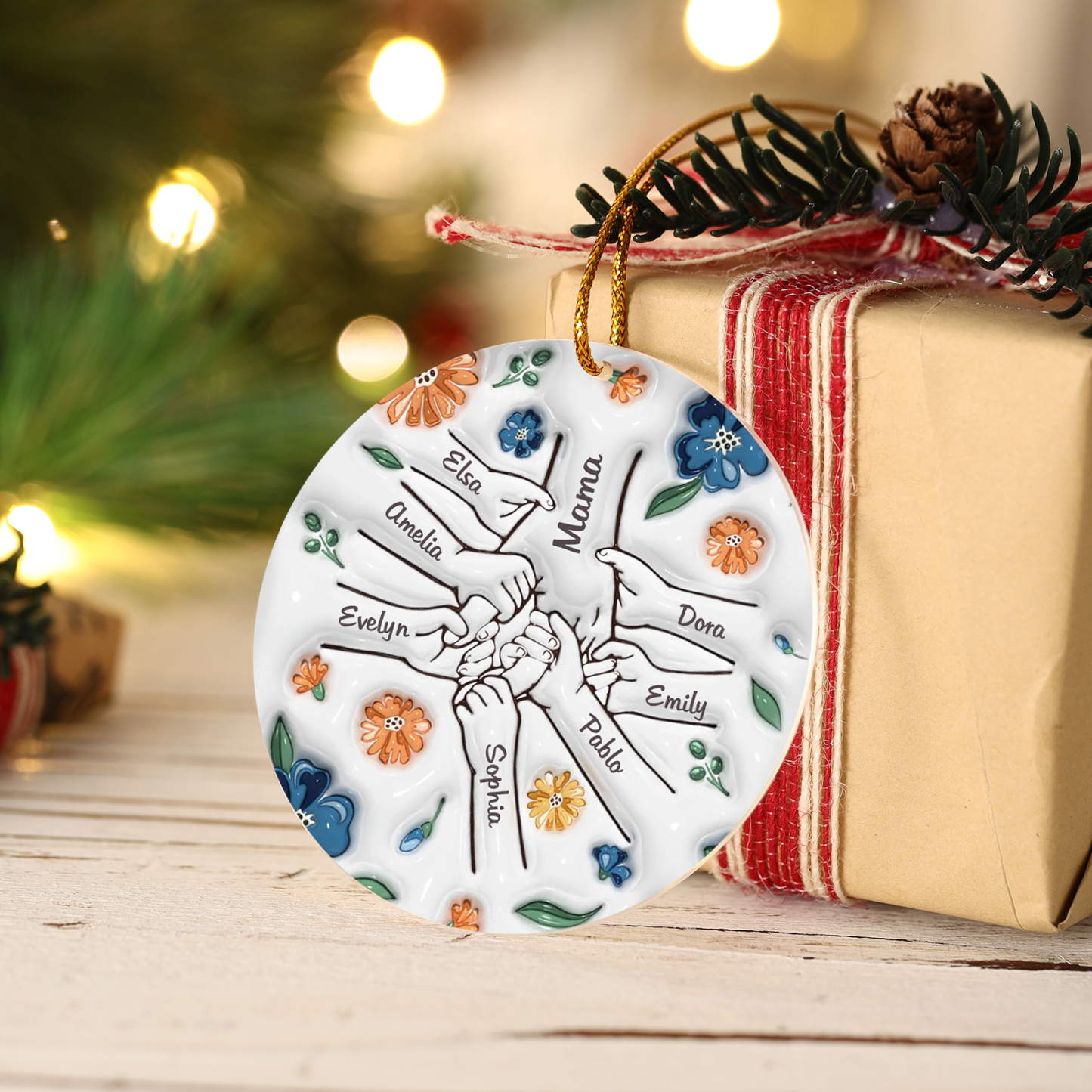 Personalisierte 8 Namen Hand-in-Hand runder Acryl Schlüsselanhänger Weihnachtsornament für Mutter Familie