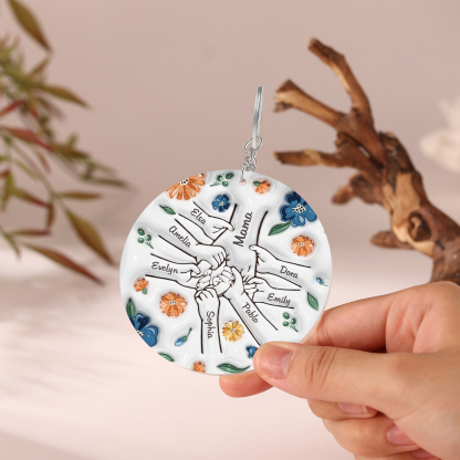 Personalisierte 8 Namen Hand-in-Hand runder Acryl Schlüsselanhänger Weihnachtsornament für Mutter Familie