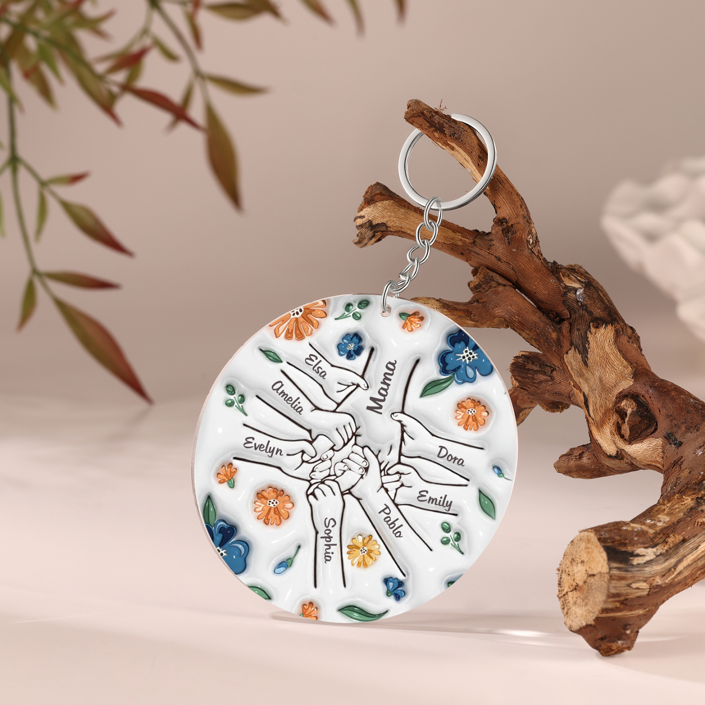 Personalisierte 8 Namen Hand-in-Hand runder Acryl Schlüsselanhänger Weihnachtsornament für Mutter Familie