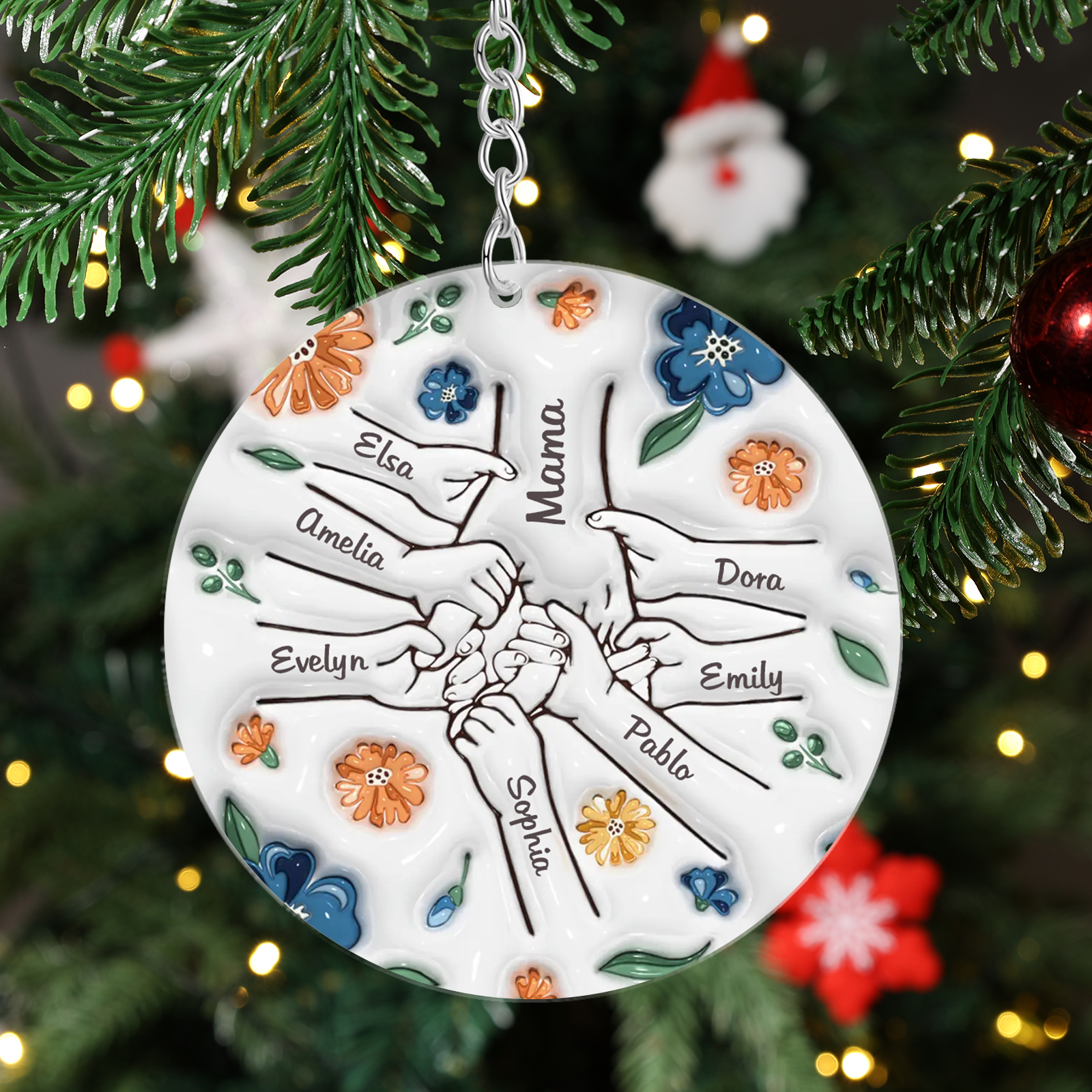 Personalisierte 8 Namen Hand-in-Hand runder Acryl Schlüsselanhänger Weihnachtsornament für Mutter Familie
