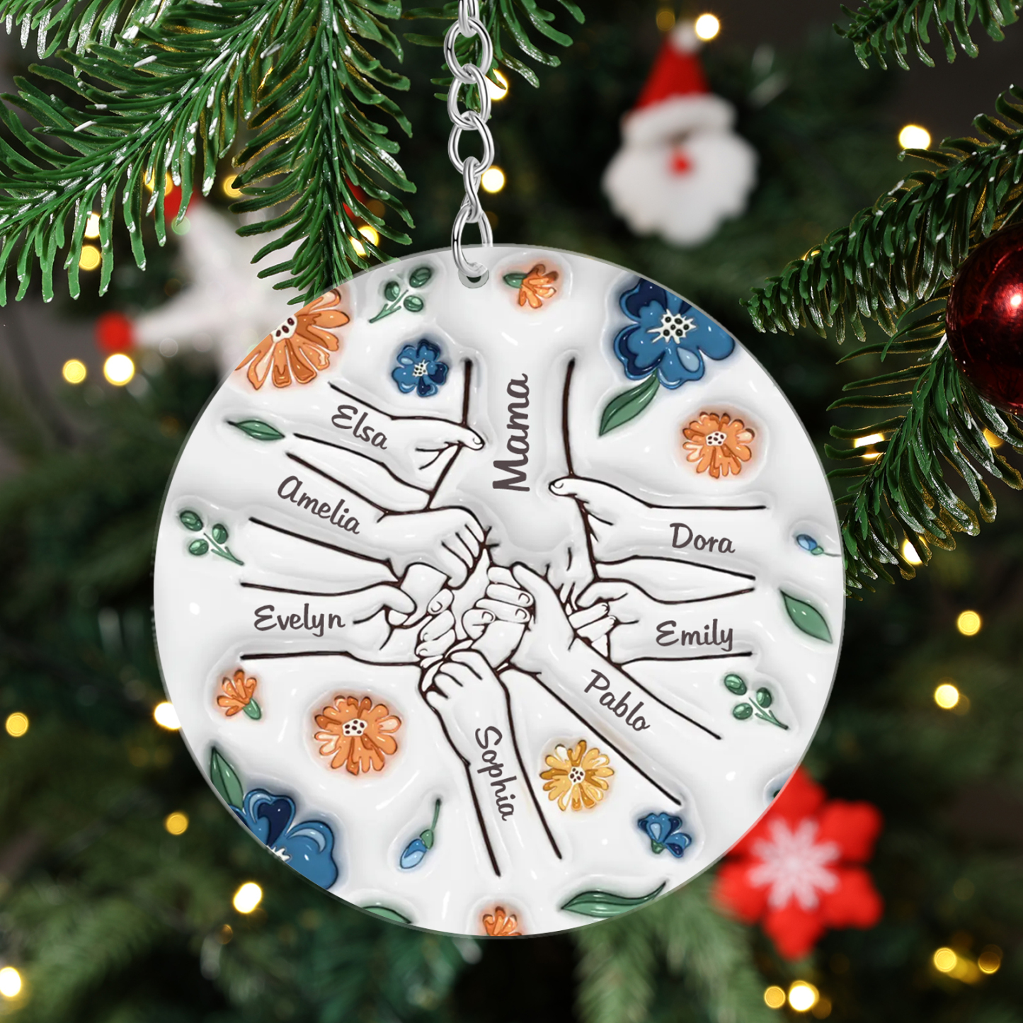 Personalisierte 8 Namen Hand-in-Hand runder Acryl Schlüsselanhänger Weihnachtsornament für Mutter Familie