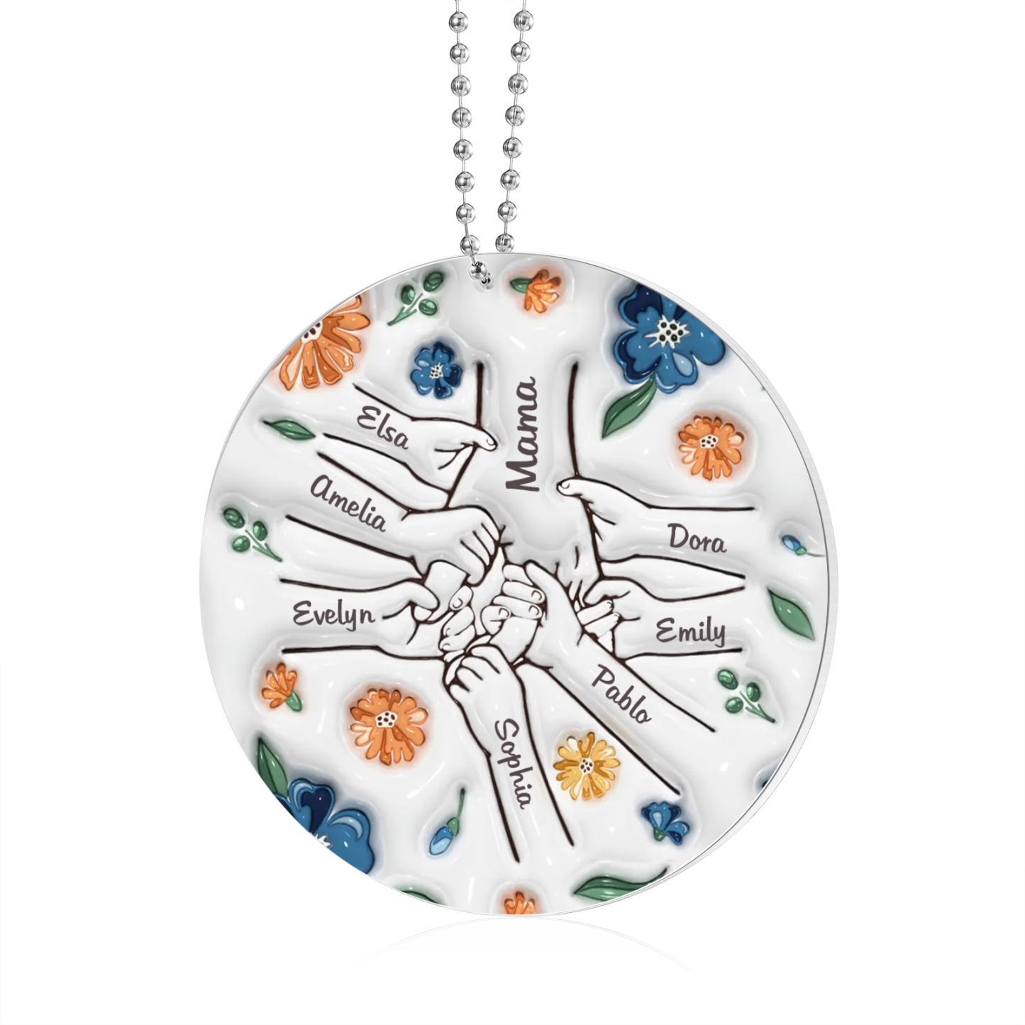 Personalisierte 8 Namen Hand-in-Hand runder Acryl Schlüsselanhänger Weihnachtsornament für Mutter Familie