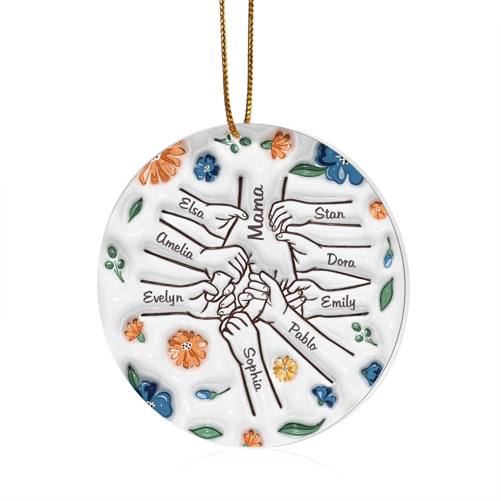 Personalisierte 9 Namen Hand-in-Hand runder Acryl Schlüsselanhänger Weihnachtsornament für Mutter Familie