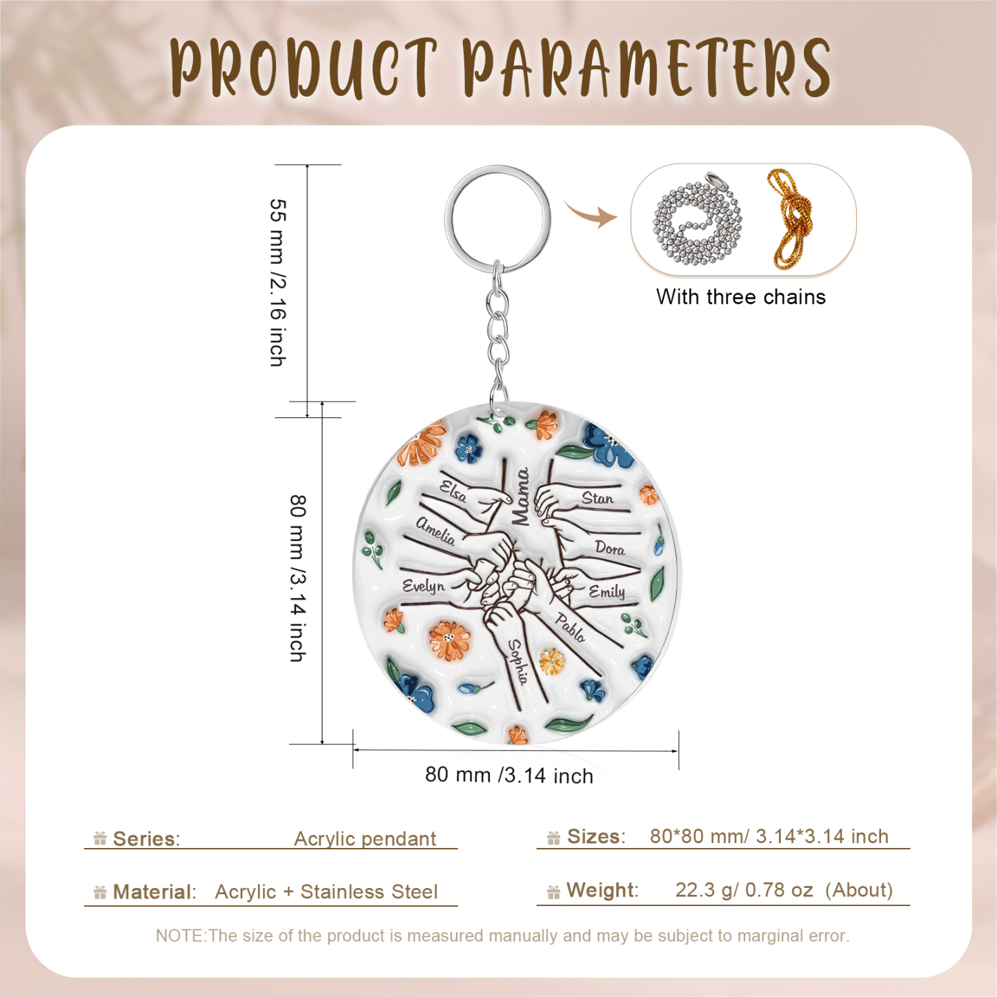 Personalisierte 9 Namen Hand-in-Hand runder Acryl Schlüsselanhänger Weihnachtsornament für Mutter Familie