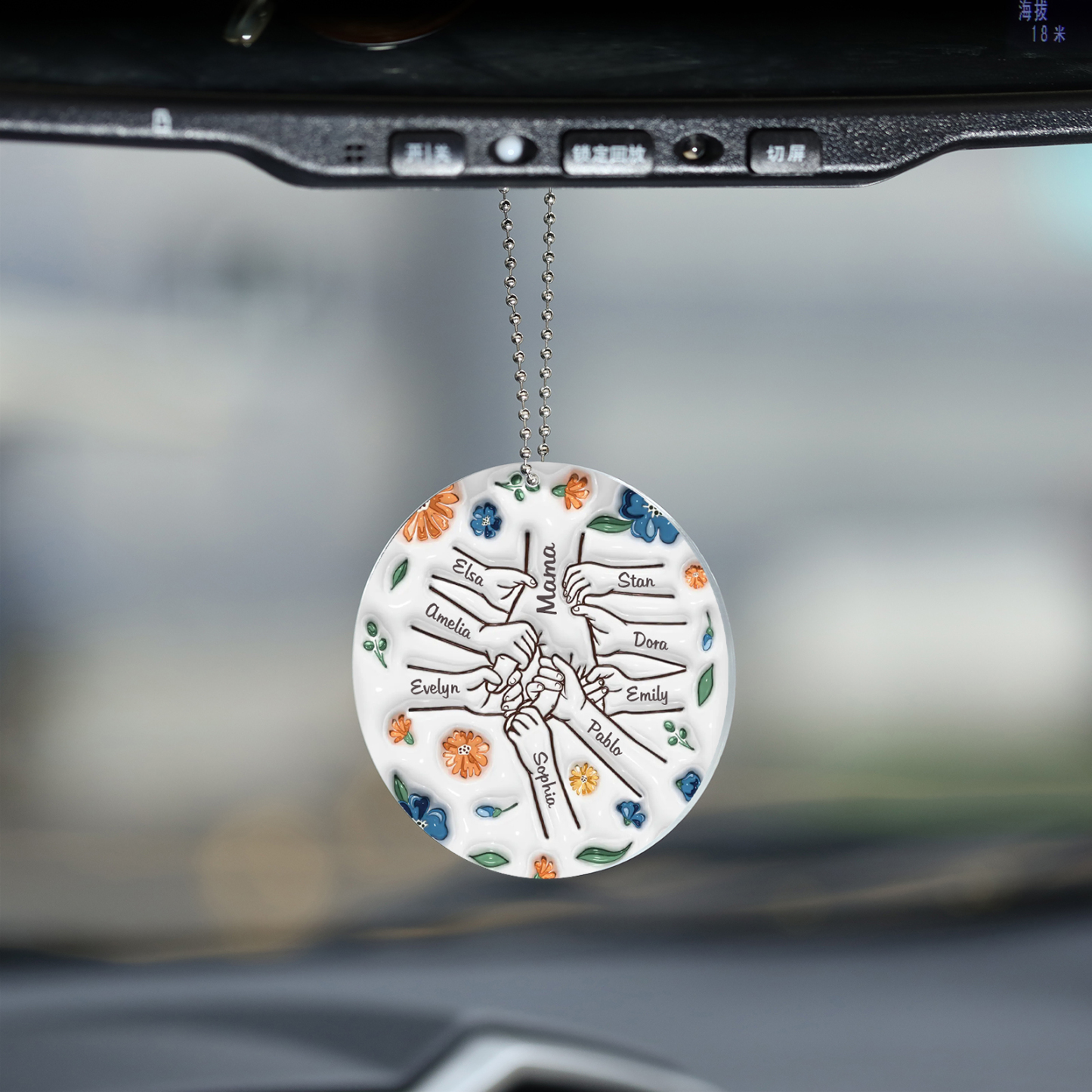 Personalisierte 9 Namen Hand-in-Hand runder Acryl Schlüsselanhänger Weihnachtsornament für Mutter Familie
