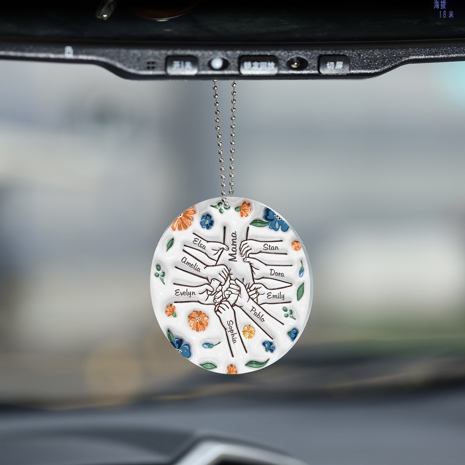 Personalisierte 9 Namen Hand-in-Hand runder Acryl Schlüsselanhänger Weihnachtsornament für Mutter Familie