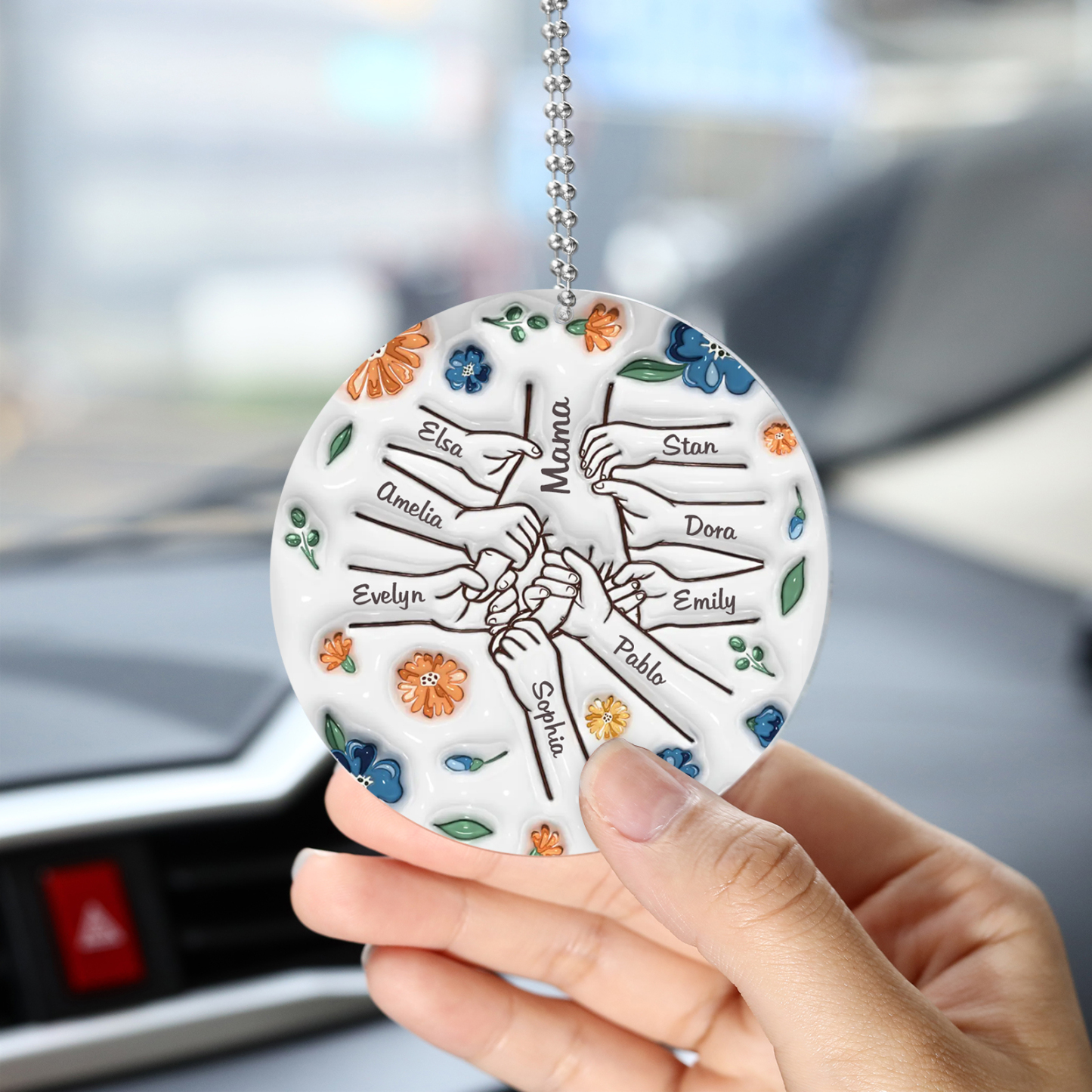 Personalisierte 9 Namen Hand-in-Hand runder Acryl Schlüsselanhänger Weihnachtsornament für Mutter Familie