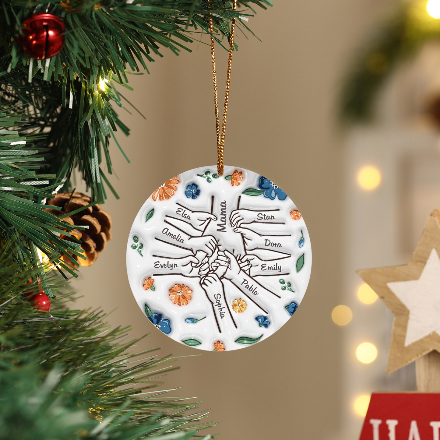 Personalisierte 9 Namen Hand-in-Hand runder Acryl Schlüsselanhänger Weihnachtsornament für Mutter Familie